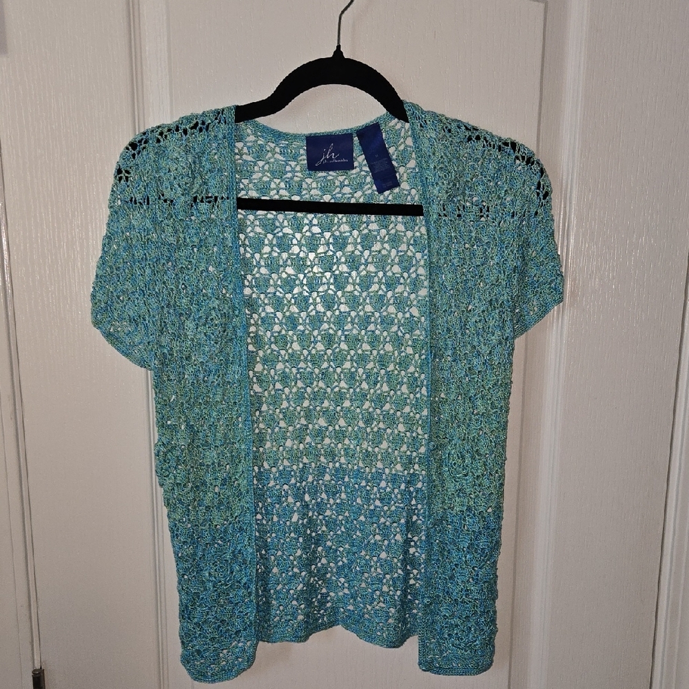 JH Collectibles Teal Blue Open Crochet Cardigan